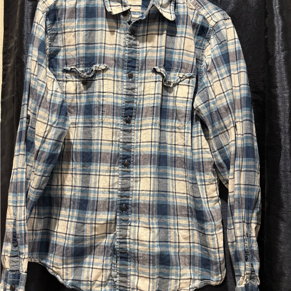 GAP Men's Casual Blue and White Plaid Shirt L